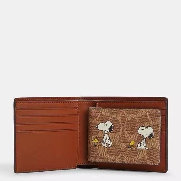 NWT COACH x PEANUTS 3-IN-1 Wallet Signature Coated Canvas Snoopy CBK56 Tan/Multi - Picture 6 of 7